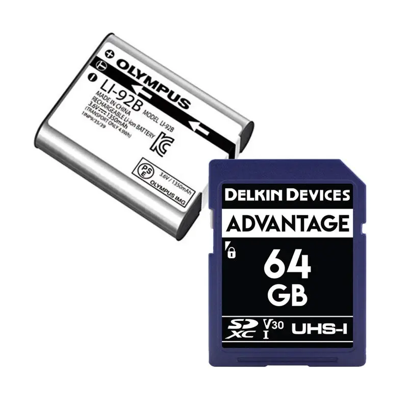 OM System LI-92B Battery with Delkin Advantage 64GB SD Memory Card