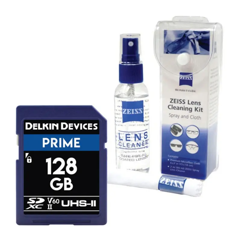 Delkin Prime 128GB SD Memory Card with Zeiss Lens Cleaning Fluid Kit