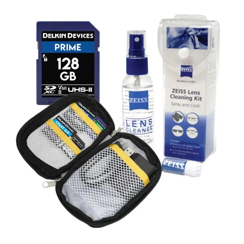 Delkin Prime 128GB SD Memory Card with Zeiss Lens Cleaning Fluid Kit and TCS ONE Bag