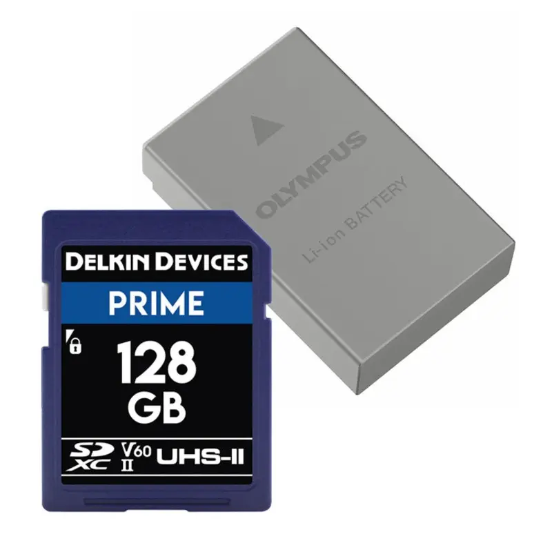 OM System BLS-50 Battery with Delkin Prime 128GB SDXC Memory Card
