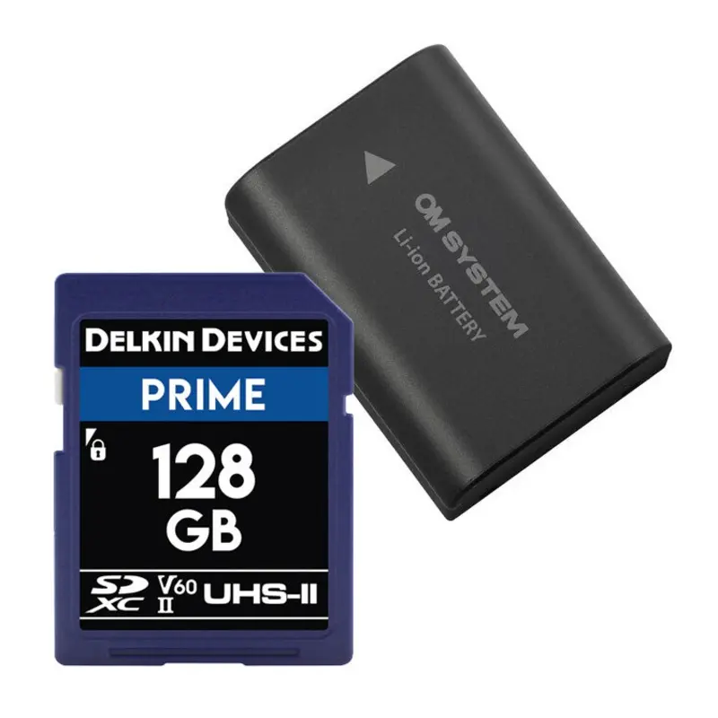 OM System BLX-1 Battery with Delkin Prime 128GB SDXC Memory Card