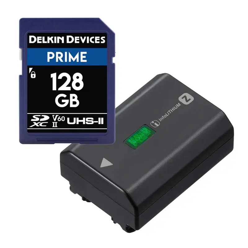Sony NP-FZ100 Battery with Delkin Prime 128GB SDXC Memory Card