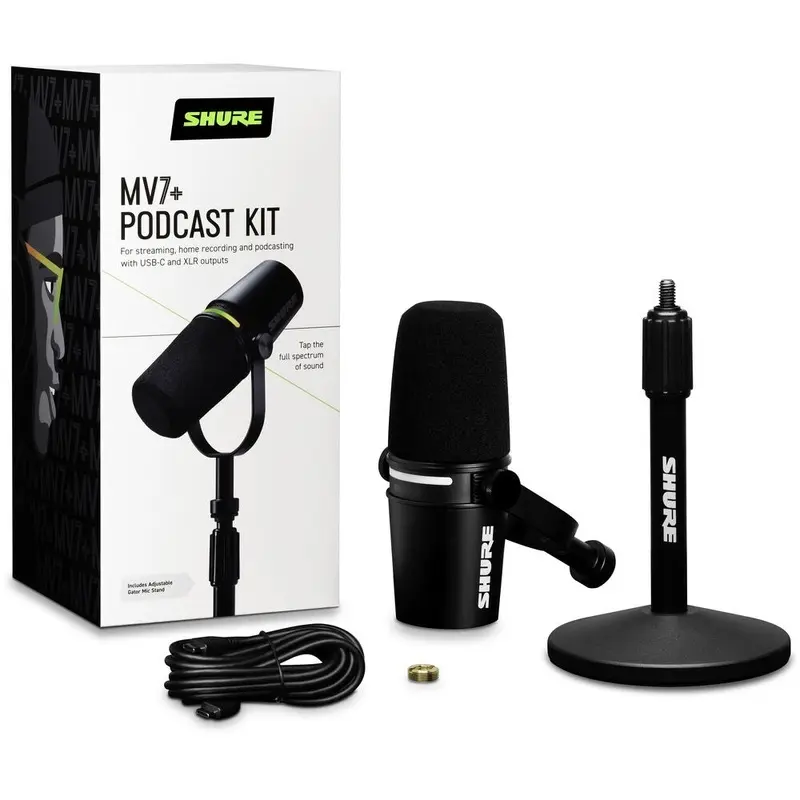 Shure MV7+-K Podcast XLR/USB Microphone Bundle with Gator Desktop Stand | Black