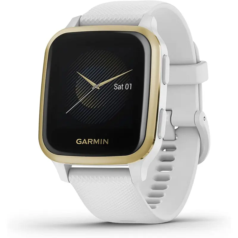 Garmin Venu Sq GPS Smartwatch | Light Gold Aluminum Bezel, White Case, & Silicone Band
