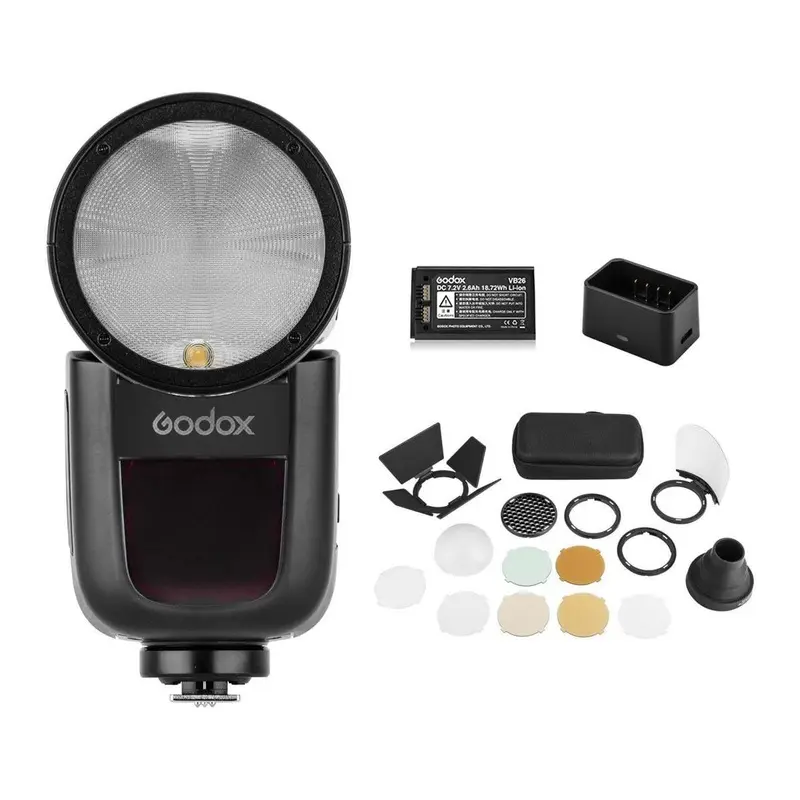 Godox V1-N Round Head Flash for Nikon + AK-R1 Accessory Head Kit - Bundle