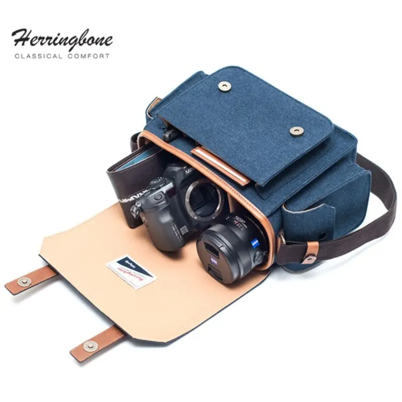 Herringbone PapasPocket Messenger Camera Bag - Medium Navy Blue