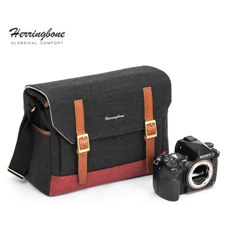 Herringbone Postman Messenger Camera Bag - Medium Black
