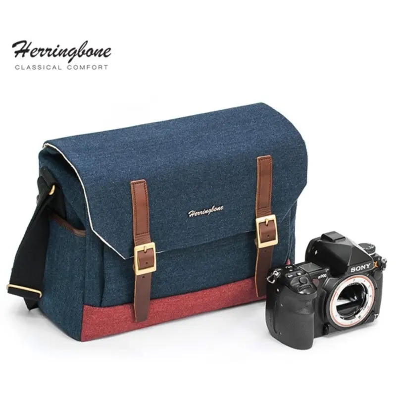 Herringbone Postman Messenger Camera Bag - Medium Navy Blue
