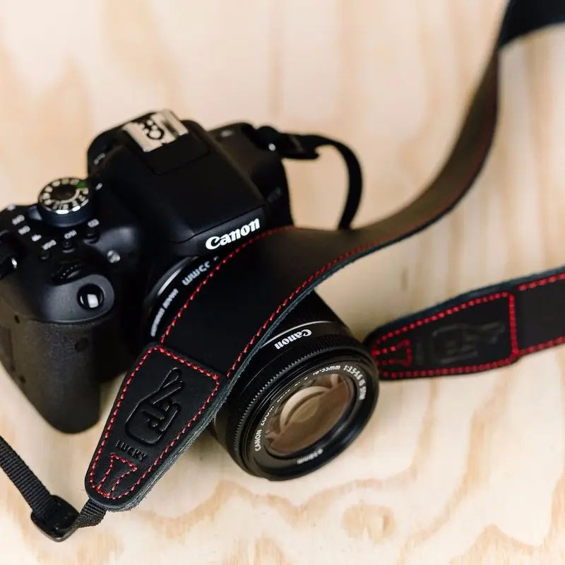 Lucky Straps Simple 40 Leather Camera Strap - Black with Red Stitching