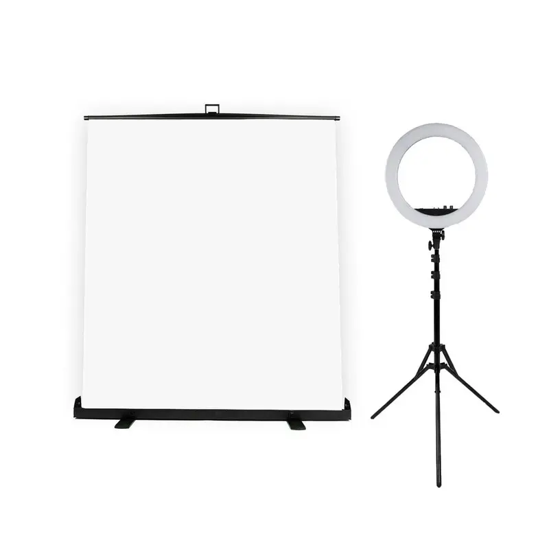 Portrait Headshot Lighting Kit With Pull Up White Backdrop & Ring Light - Bundle